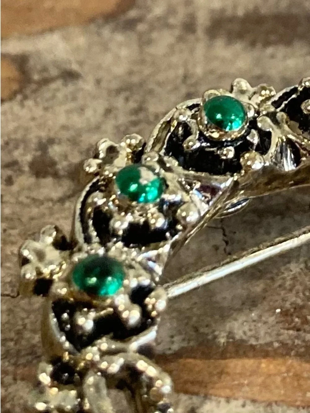 Gold Tone and Green Enamel Crescent Brooch